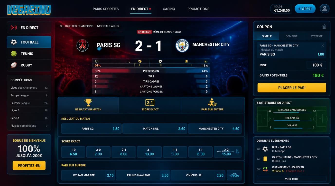 Interface de paris variés avec football, tennis, live bets ambiance sportive immersive