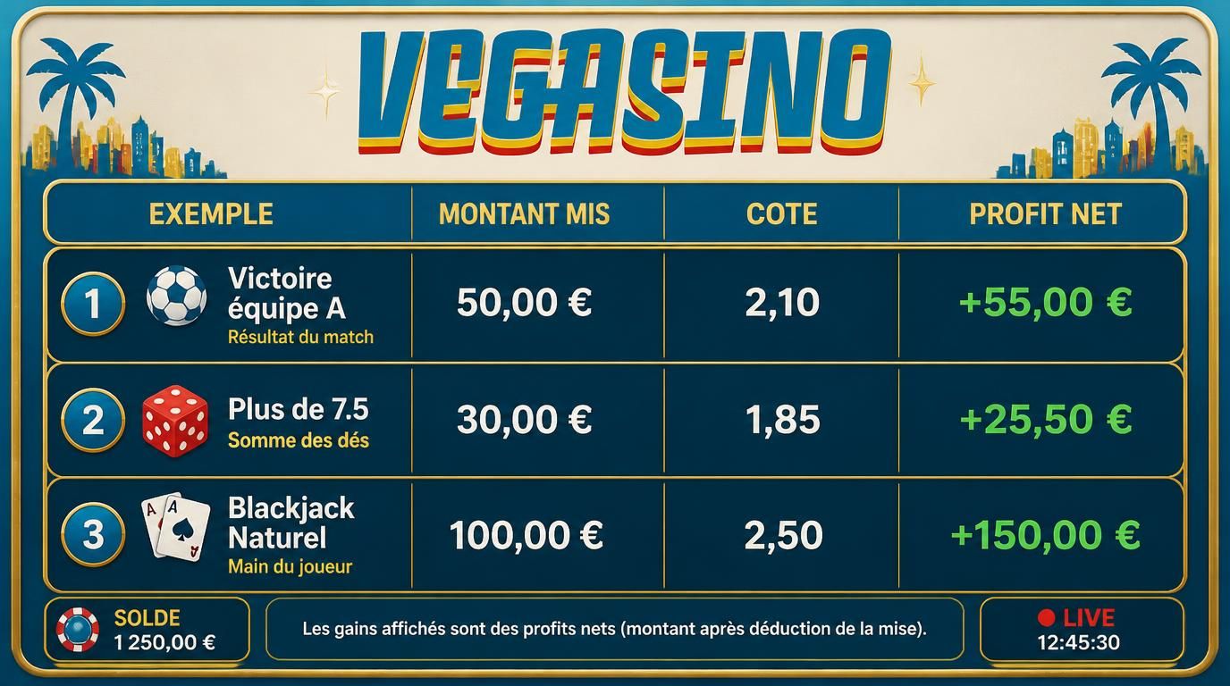 Trois exemples de gains avec cotes décimales affichés