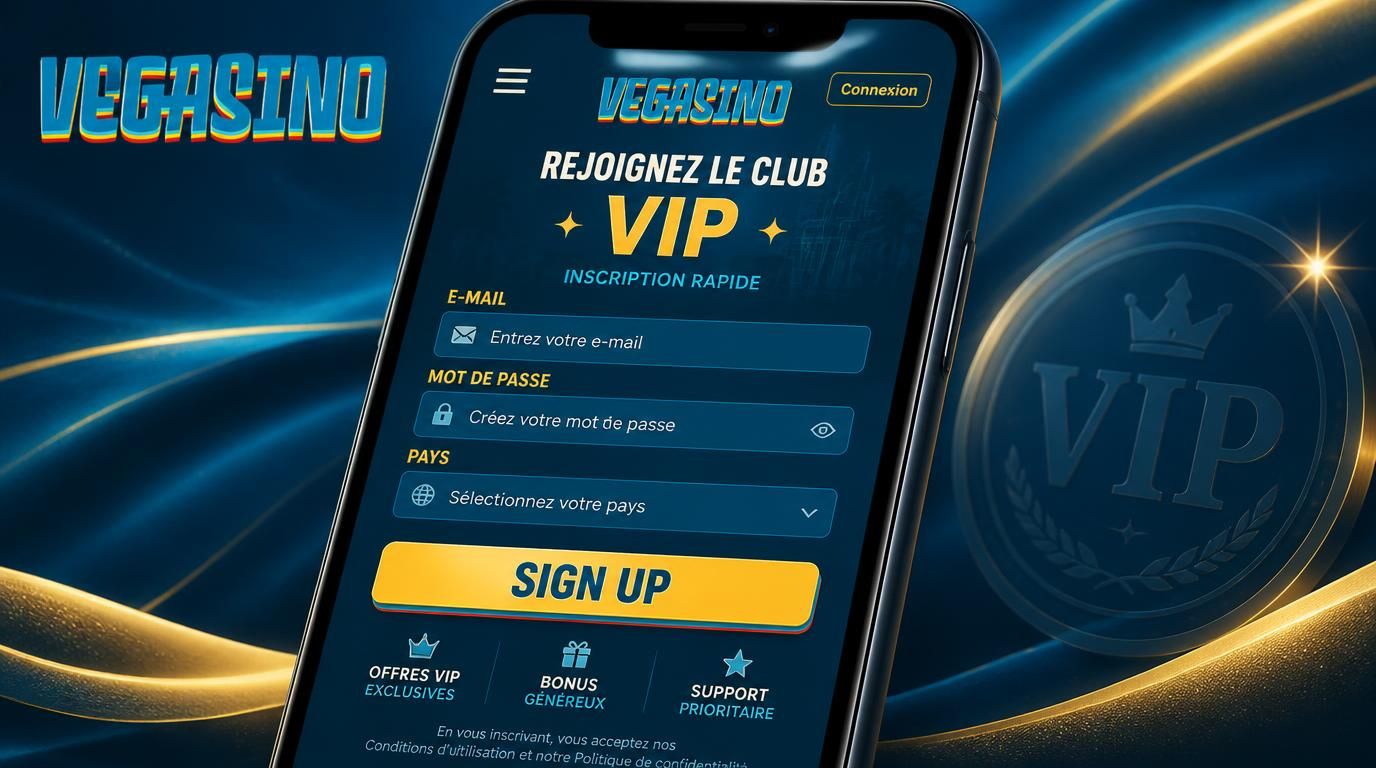 Interface mobile de l’inscription VIP sur Vegasino Casino avec éléments clairs et premium