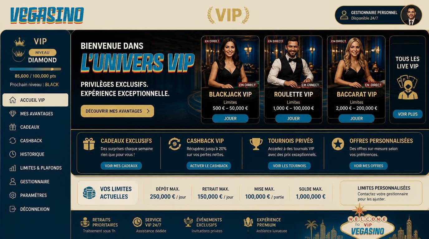 Interface VIP premium avec croupier, cadeaux et limites de mise élévées
