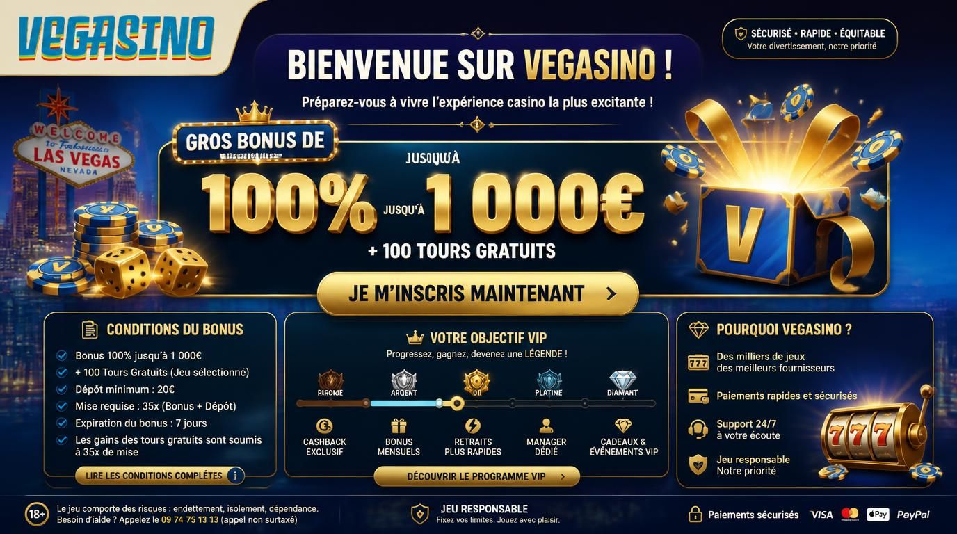 Bannière offre de bienvenue VIP avec bonus et conditions clair